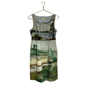 VTG Anthropologie Odille Artist Rendering Landscape Dress 6 Sleeveless Green